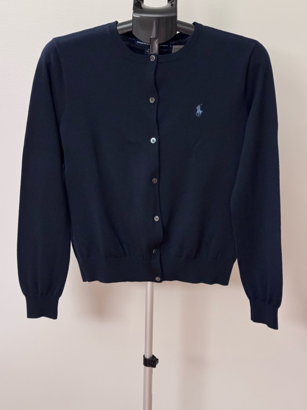 Ralph Lauren Navy Blue Crewneck Cardigan with Pony Logo
